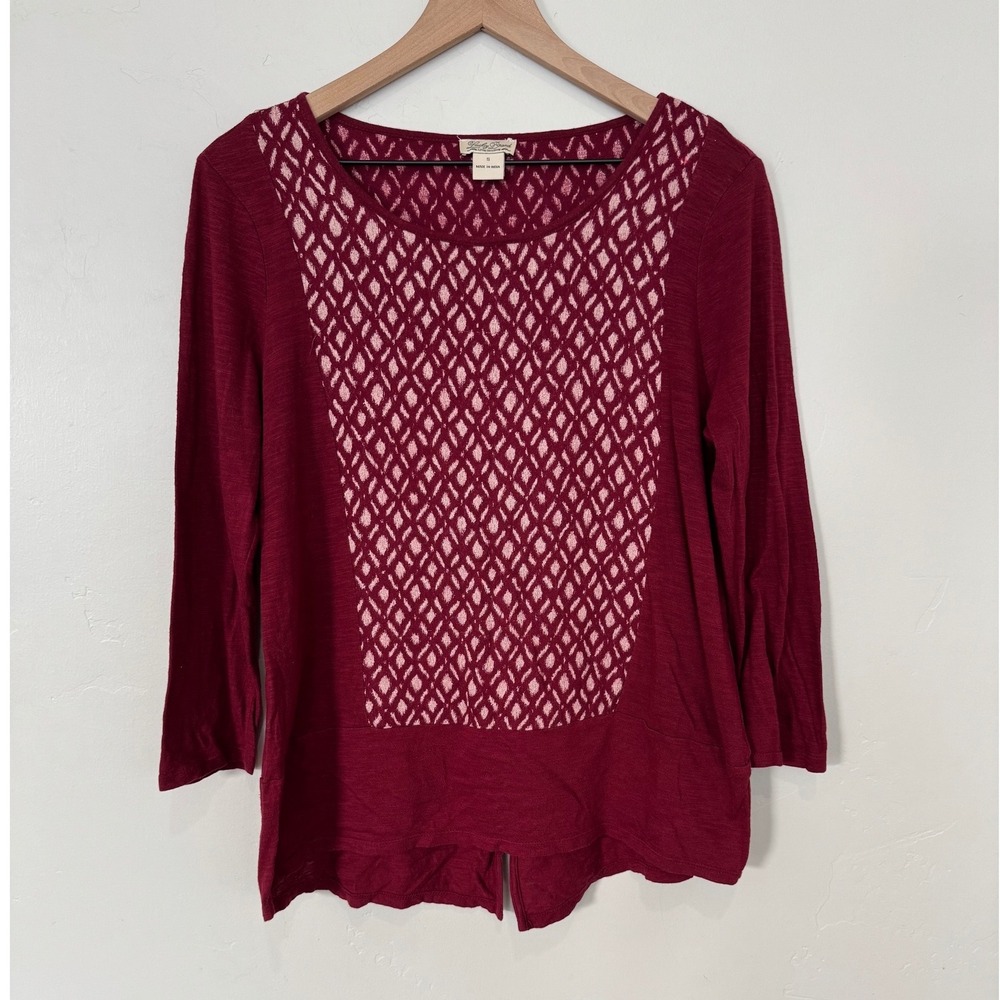 Lucky Brand Burgundy Diamond Print Mixed Media Split Back Top Boho Fall Small